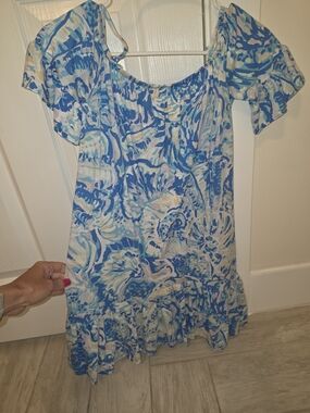 Lilly Pulitzer Blue & White Floral Off-Shoulder Mini Dress